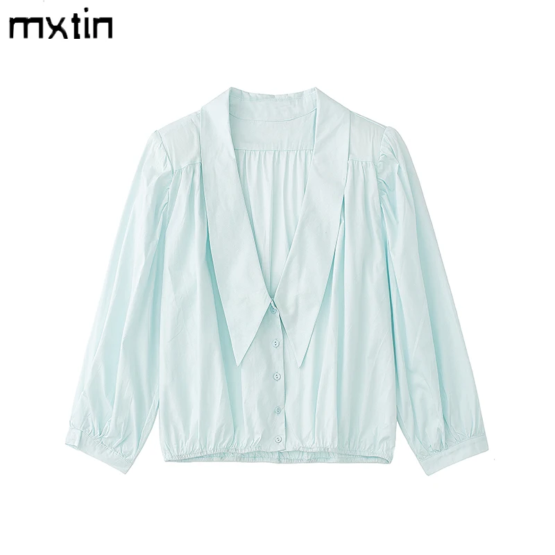 

2022 Women Spring Fashion Solid Single Breasted Cropped Blouses Vintage Lapel Collar Long Sleeve Folds Female Shirts Casual Tops