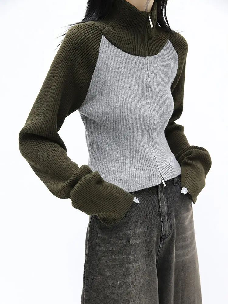 

Cropped Cardigan Women Sweater Fashion Korean Knitwears Patchwork Turtleneck Tunic Jackets Sueter Mujer Sweaters Coat Y2k Tops