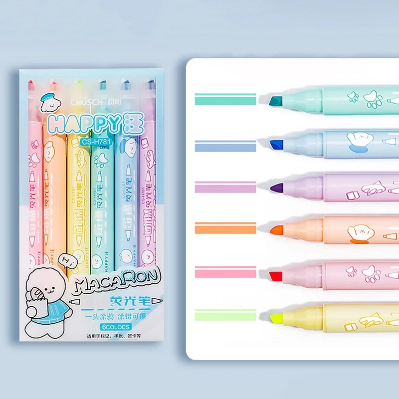 

6PCS Happy Dog Macaron Color Erasable Highlighter Student with Marker Pen Hand Account Color Erasable Pen Office Key Marker Pen