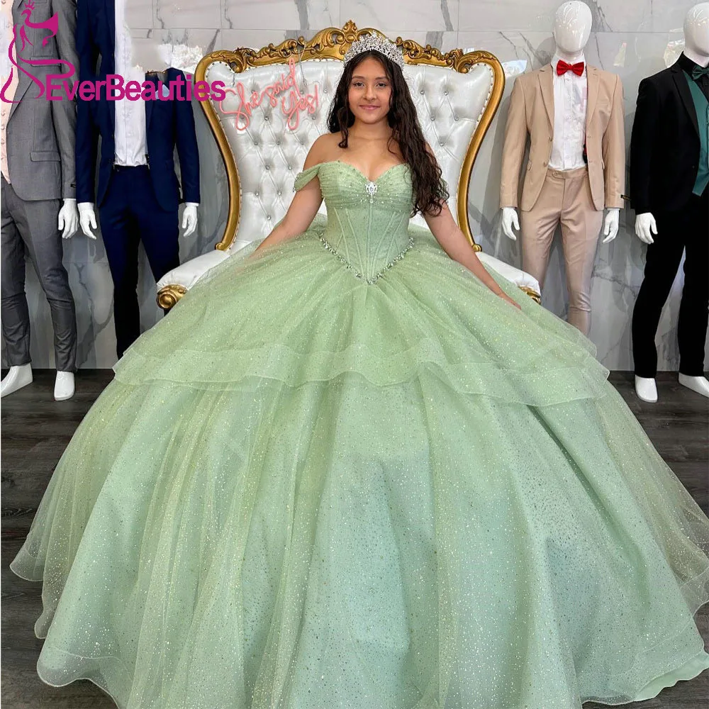 

Glitter Tulle Quinceanera Dresses for Girls vestidos de 15 quinceañera Ball Gown Off Shoulder Mint Платья на выпускн Prom Gown