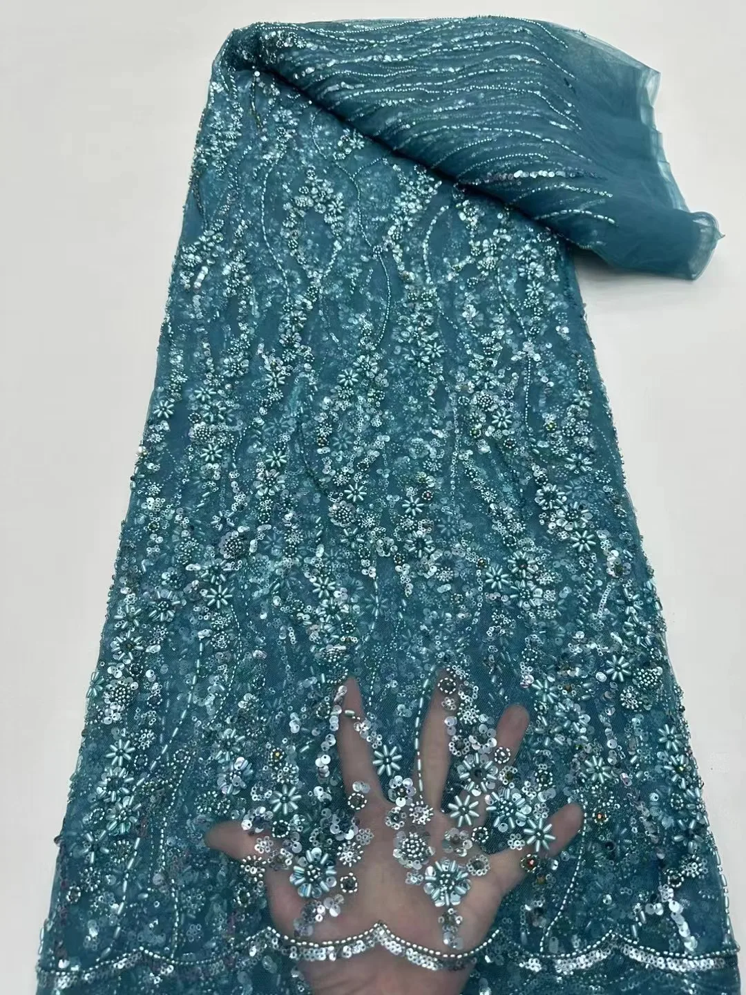 

Синяя французская вышивка из бисера, тюль, кружевная ткань, африканские блестки, бусины, кружевная ткань, вышивка для свадебного платья, шитье