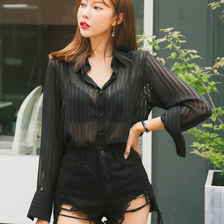 

Large Size Sexy Shirt Chiffon Black Korean Style Women's Blouse Summer Elegant Long Sleeves Loose Top Fashion Female Clothing