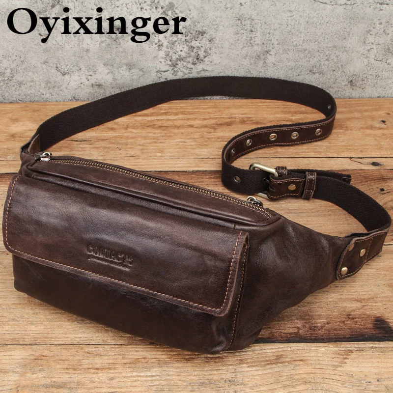 Oyixinger Men's Waist Bag New Genuine Leather Coffee Bag Fashion Cowhide Men Chest Pouch Small Outdoor Bags Phone Bag Male 2023