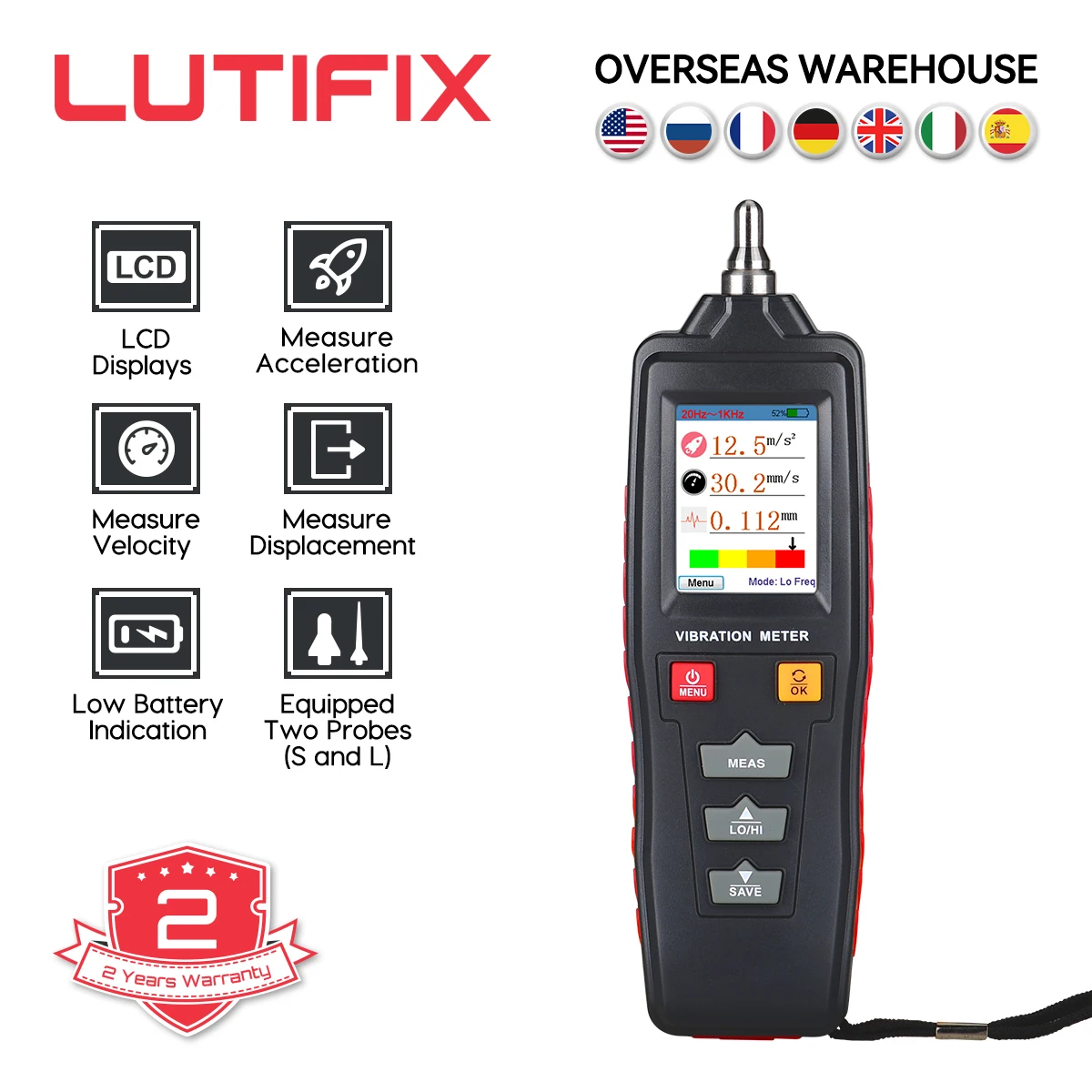 

LUTIFIX WT63B Vibration Meter Mechanical Failure Vibration Detector Digital Vibration Analyzer Meter Magnetic Probe Test Tool