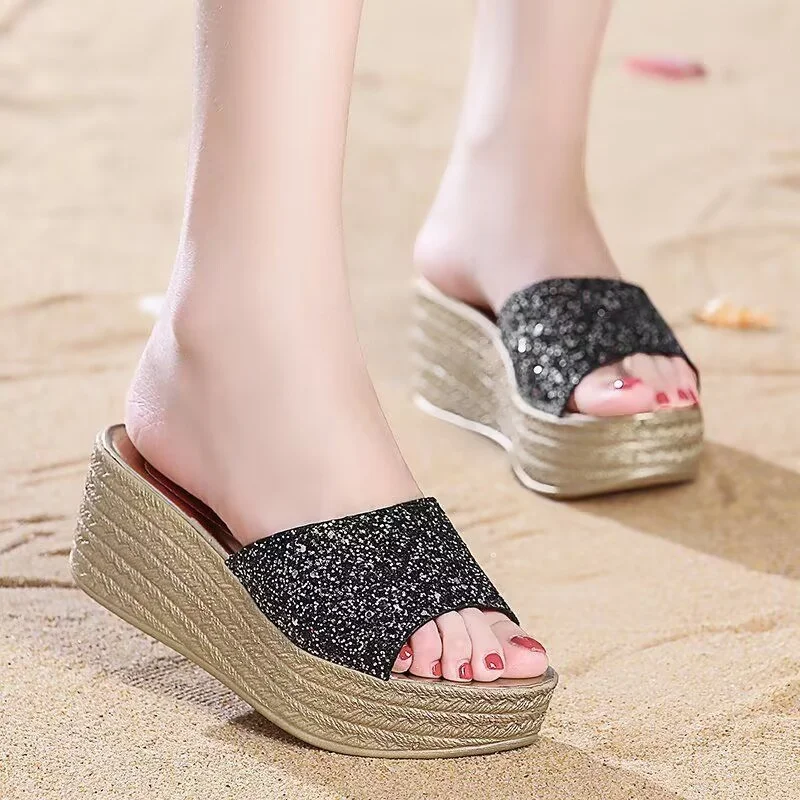 2023 Summer High Platform Women Slipper Fashion Rhinestones Open Toe Wedges Heel Sandalias Ladies Elegant Outdoor Beach Slides