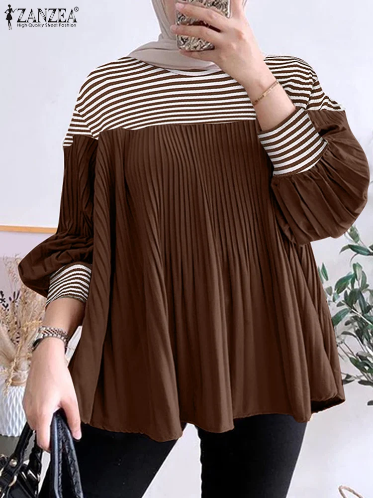 2024 ZANZEA модная женская мусульманская полосатая блузка с длинным рукавом осенняя