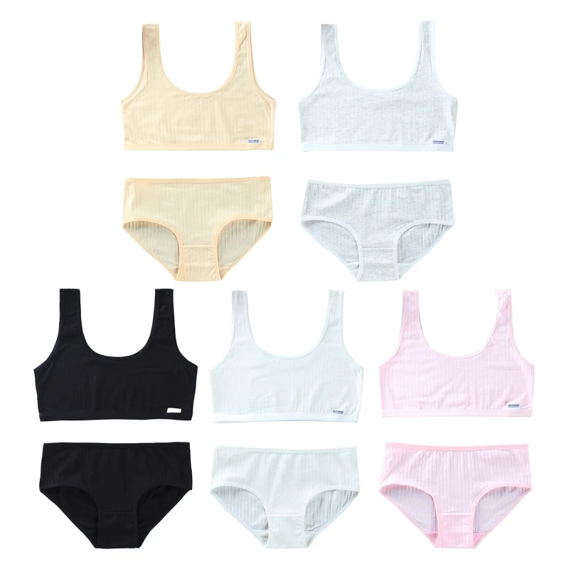 

Kids Teen Girls 2Pcs Sport Underwear Set Ribbed Solid Color Training Bra Panties