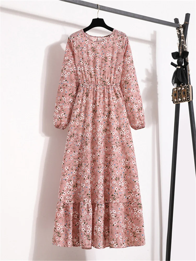 

Женское длинное платье с цветочным принтом, эластичное облегающее плиссированное платье-трапеция до пола с круглым вырезом и длинным рукавом, весна 2023