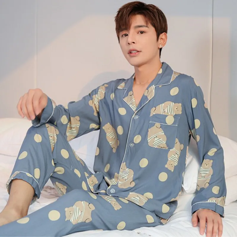 Pajamas for Men Spring and Autumn Long sleeve Cotton silk Nightdress set