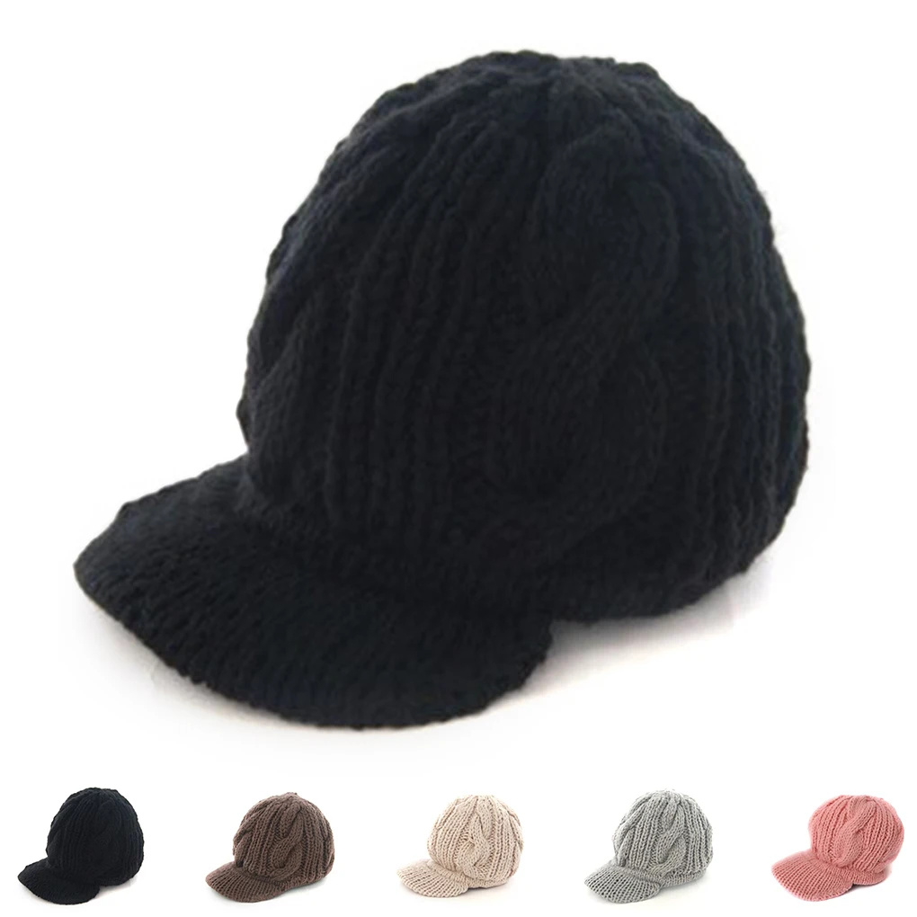 

Fall Winter Knit Hat Girl Warm stripe Skullies Cap Women Wool Knitted Hats Newsboy Cap Hat Visor Beret Brim Lady