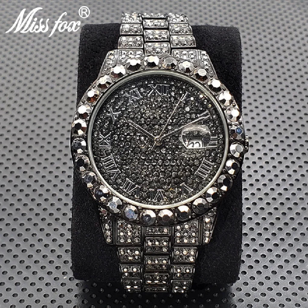 

Stylish Black Crytal Watch For Men Unique Full Paved Diamond Quartz Timepiece Top Brand Fashion Bling Ice Out Male Hip Hop Clock