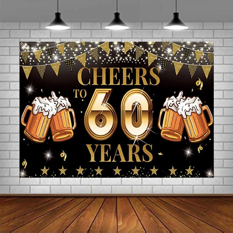 

Photography Backdrop Banner Cheers To 60 Years Beer Decor for Men Women 60th Anniversary Party Black Gold Background Party