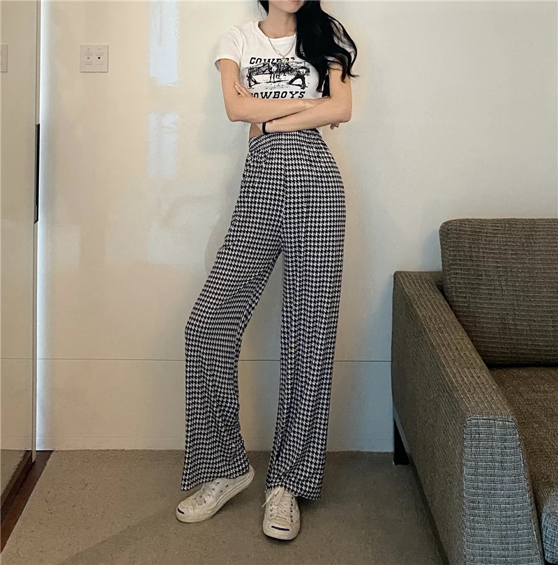 

Women Casual Loose Plaid Mopping Pants 2021 Spring Summer Autumn New Fashion Popular Long Female OL Wide Leg Trousers Slim Thin