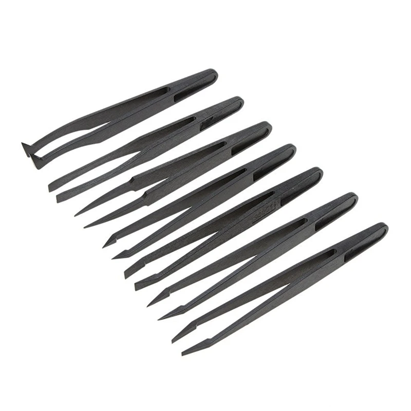 

7pcs Black Plastic Antistatic Flat Bottomed Top End Tweezers Hand Tools Set