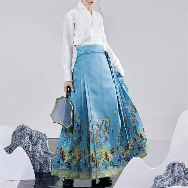 Элегантная синяя юбка с принтом династии Мин Высококачественная китайская