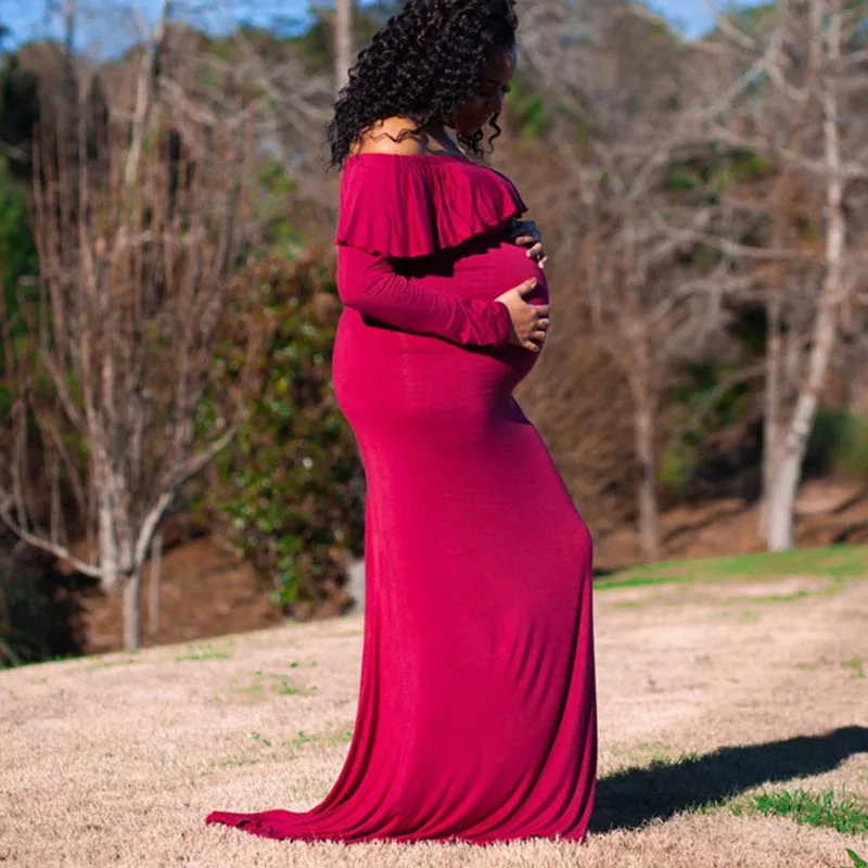 

Maternity Ruffles Long Sleeve Maxi Gowns Dresses for Photo Shoot Sexy Off Shoulder Long Trailing Photography Baby Shower Dress