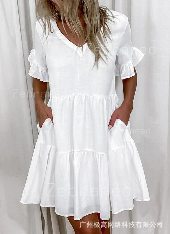 

Women Solid Color Short Flare Sleeve High Waist V Neck Ruffles Hem Plain Casual Dress Summer Spring Mini Dress Loose