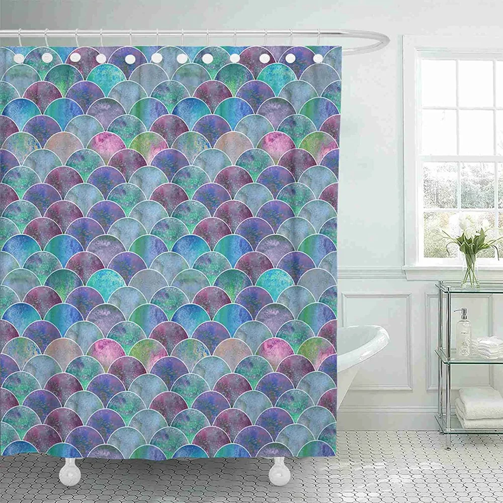 Set Geometric Modern Lattice Ocean Wave Teal Purple Watercolor Color Decor Bathroom Curtains