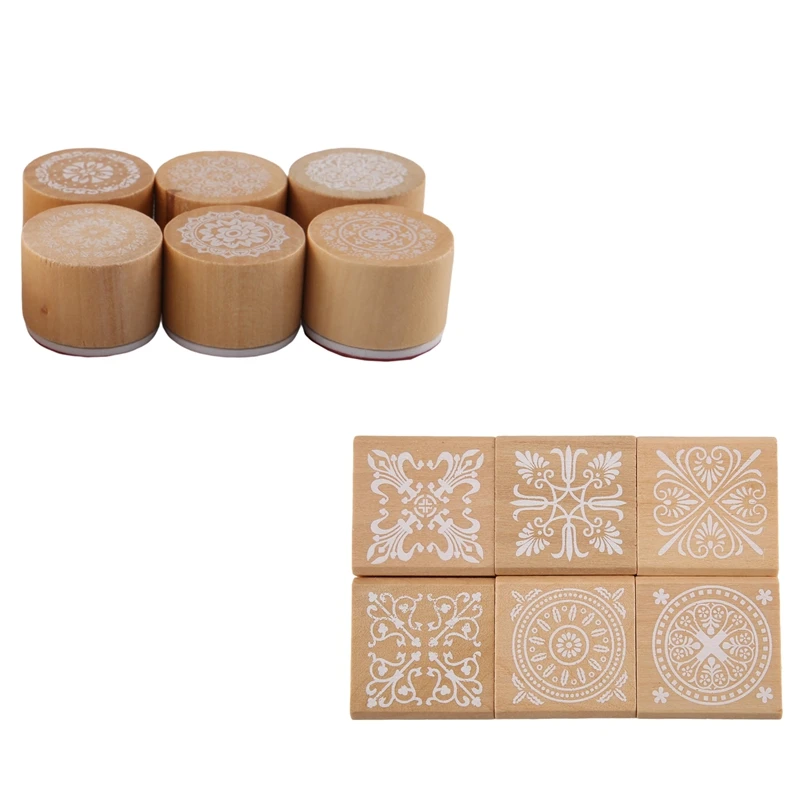 

12Pcs Wooden Stamps Floral Pattern Circles And Squares Decorative Rubber Wooden For DIY Craft Card And Scrapbooking