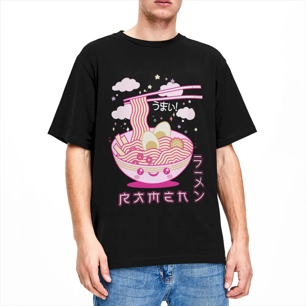 

Casual Cute Kawaii Ramen Anime Noodles T-Shirt Men Women Crewneck Cotton Japan Noodle Pink Short Sleeve Tees Gift Idea Clothes