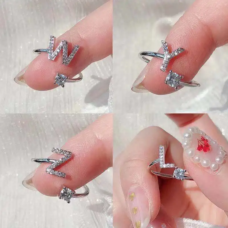 

Creative A-Z Alphabet 26 Letter Rings Personlity Initial Name Open Rings Silver Color Rhinestone Finger Ring Party Jewelry Gift