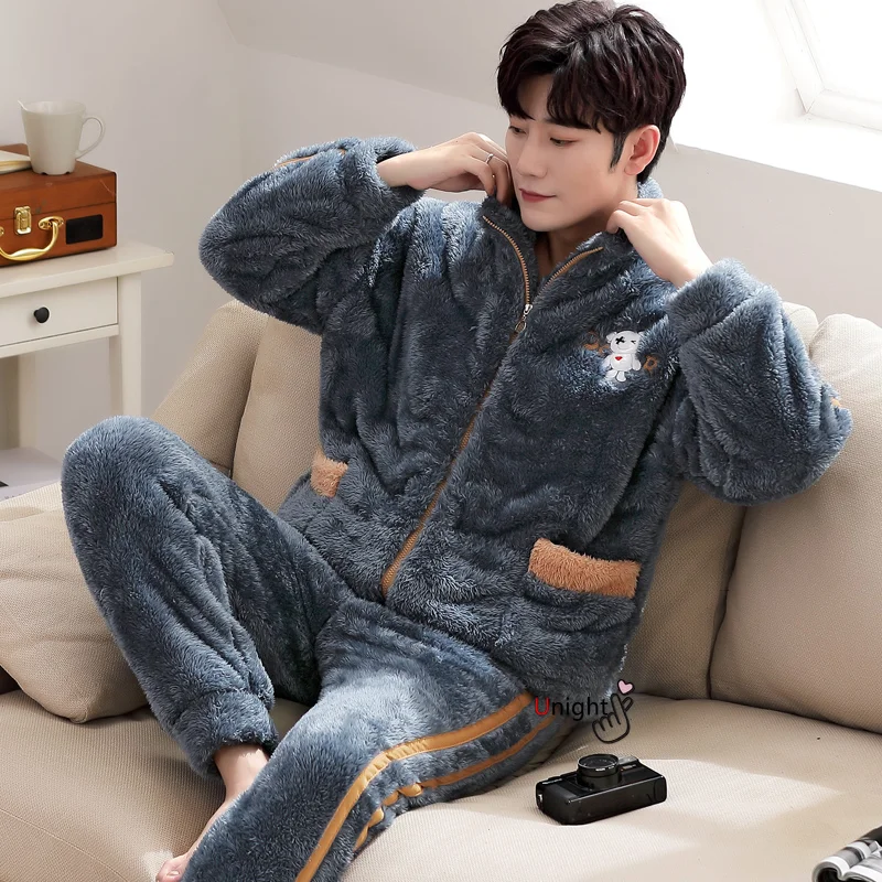 Oversize M-5XL Winter Man Stand-up Collar Pijamas Outwear Nightwear Plush Shaggy Christmas Pajamas Boy Fleece Warm Pijamas