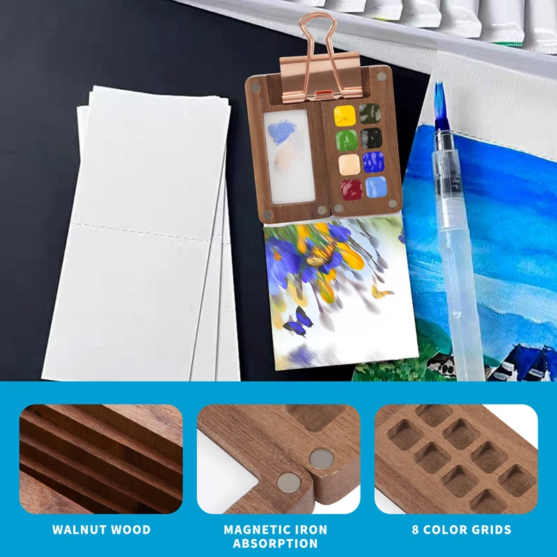 8 Grid Portable Sketchbook Palette Wooden Colour Box Mini Travel Paint Tray With A Clip (Without Paint)