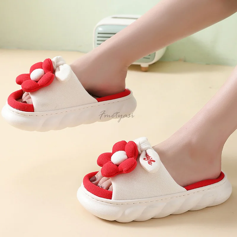 Flowers Cotton Linen Women's Bedroom Slippers Casual Thick Sole Shoes for Women Flat Platform Slippers Female Indoor Slides