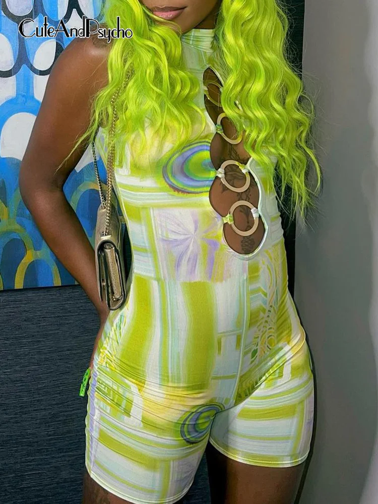 

Cuteandpsycho Y2K Printing Fashion Jumpsuits Hollow Out Sleeveless Bodycon Outfits Summer Harajuku Aesthetic Bodysuits Women