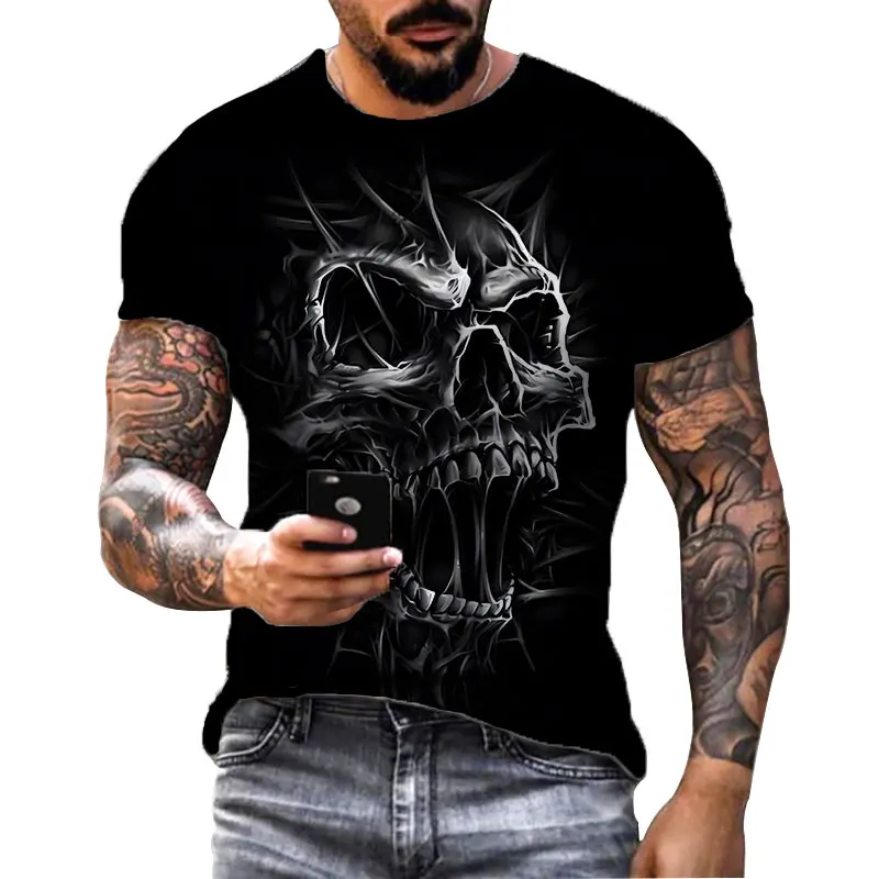 

3D Print Black T-shirt For Men Fashion Skull Hip Hop O-Neck Short Sleeve Harajuku Sportwear Oversize Casual T-shirt Men's Tee