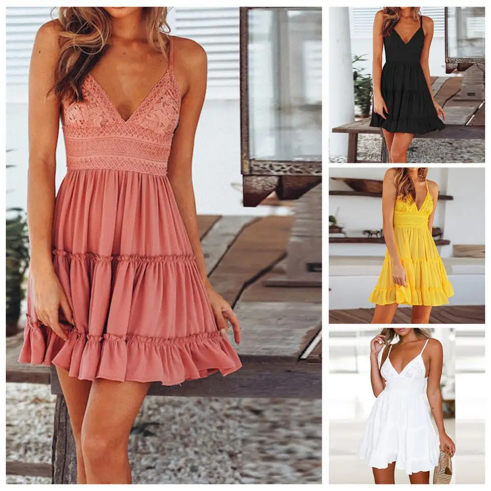 

Women Dress Lace Ruffles Summer Pure Color Backless Mini Dress for Daily Wear