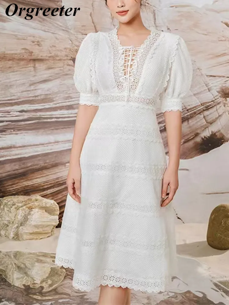 High Quality Summer Lace Patchwork White Dress Women's V-neck Short Puff Sleeve Slim Mid-length Party Vestidos