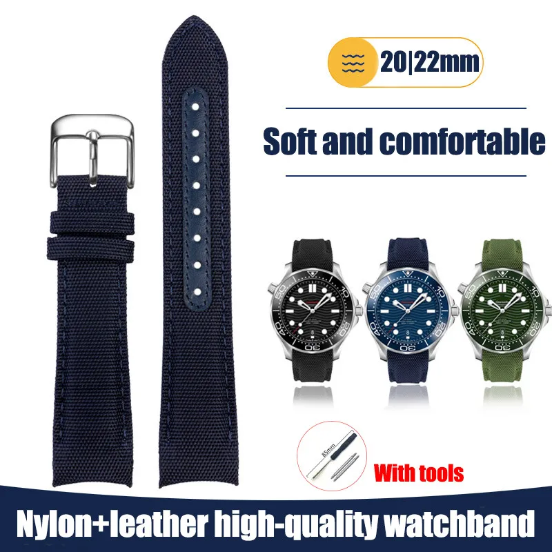 

20mm 22mm High-grade Curved End Genuine Cowhide Leather Watch Band Men Weave Nylon Canvas Strap Wrist Bracelet Polished Buckle
