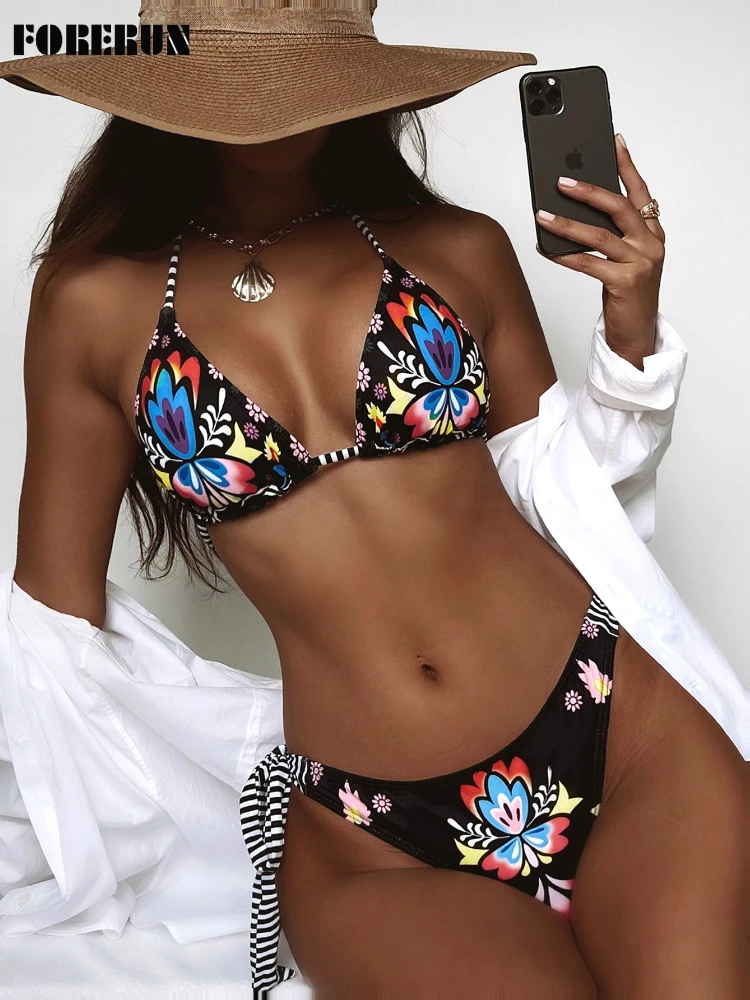 

FORERUN Sexy Flower Print Swimsuit Women Bikini Sets Push Up Swimwear 2022 Halter Lace Up Bathing Suit Summer Beachwear