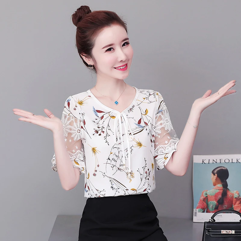 New Arrive Women Summer Blouse Elegant Fashion Mesh Chiffon Shirt Retro Floral Prin Short Sleeve Bottoming Shirts Blusas Mujer