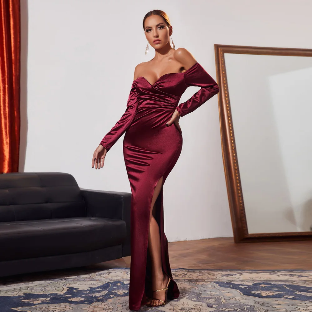 Women Elegant Mermaid Dress Off-Shoulder Long Sleeve Prom Party Dress Bodycon Slim Waist Vintage Evening Dress