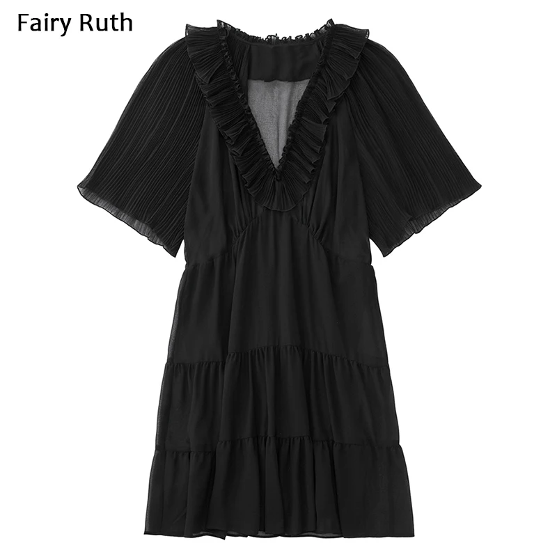 

2022 Summer New Women Black Chiffon Dress Ruffles Short Sleeve Fashion Ladies French Style Casual Sundress