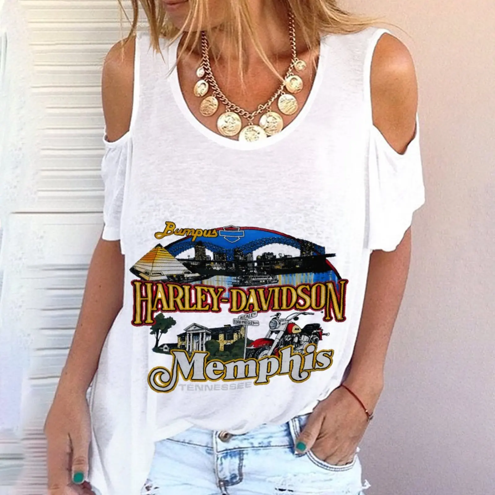 

2022 new women's off-the-shoulder T-shirt letter printing round neck casual niche design clothing women's short sleeves