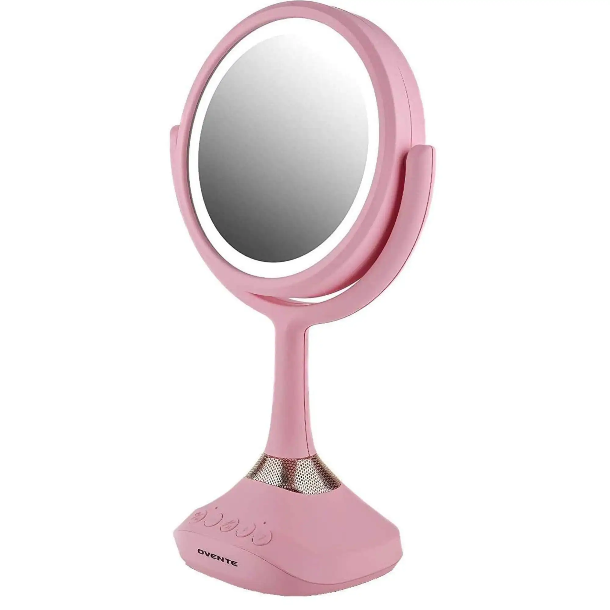 

Lighted Vanity Mirror, Table Top, 360 Degree Spinning 6'' Double Sided Circle LED 1X 5X Magnifier with MP3 Audio, Built-in Wirel