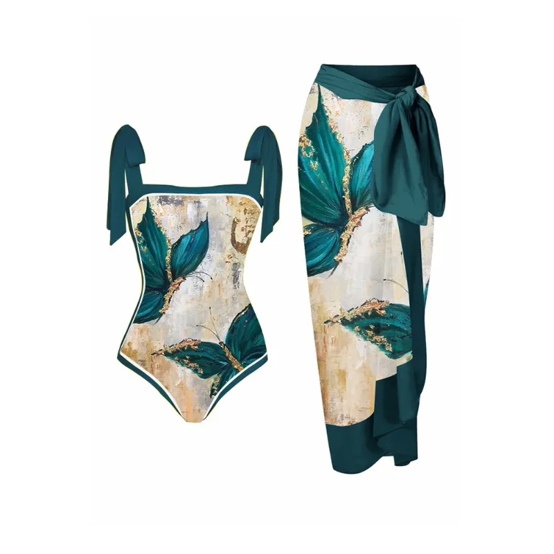 2023 New Fashion One Piece Swimsuit Swimwear with Skirt Women Retro Holiday Bowknot Monokini Beach Dress Cover Up Bathing Suit