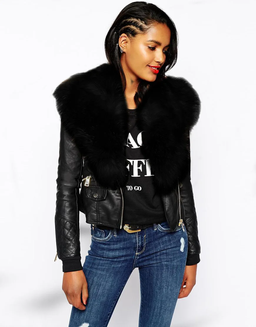 

Winter Women's Zipper Locomotive Faux Fur Leather Short Jacket Imitation Fur Collar Splice Leather Long Sleeved Coat