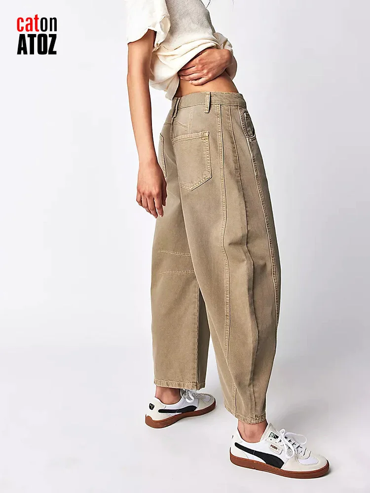 Женские джинсы баррель 2024 модные хаки свободные джинсовые шаровары с напуском