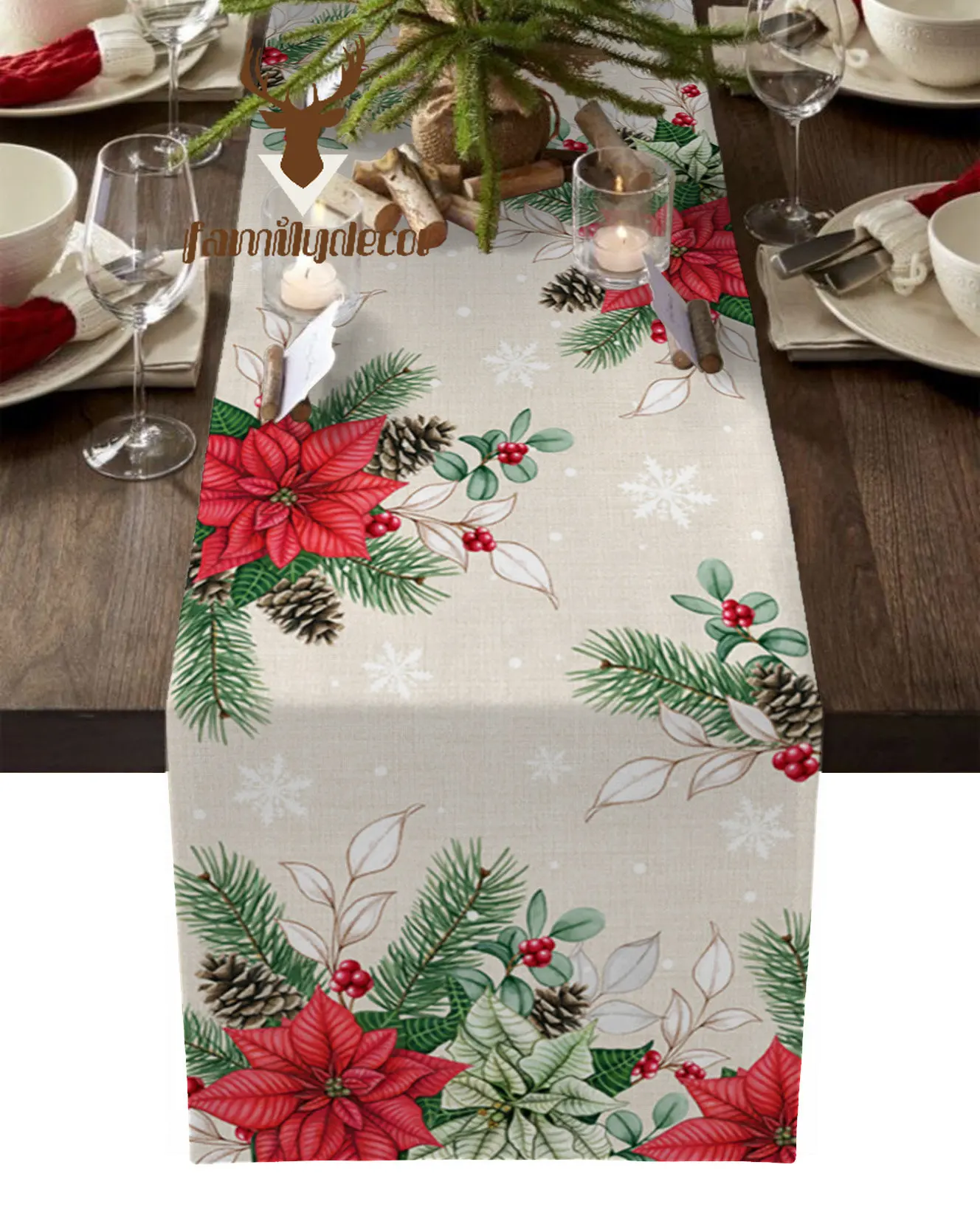 

Christmas Poinsettia Fir Berries Party Festival Table Runner Kitchen Table Flag Tablecloth Holiday Placemats Printed Table Cover
