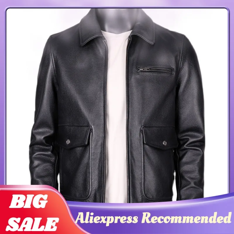 

2022 черная Повседневная стильная куртка из натуральной кожи для мужчин размера плюс 3XL Натуральная Воловья кожа осеннее приталенное пальто ...