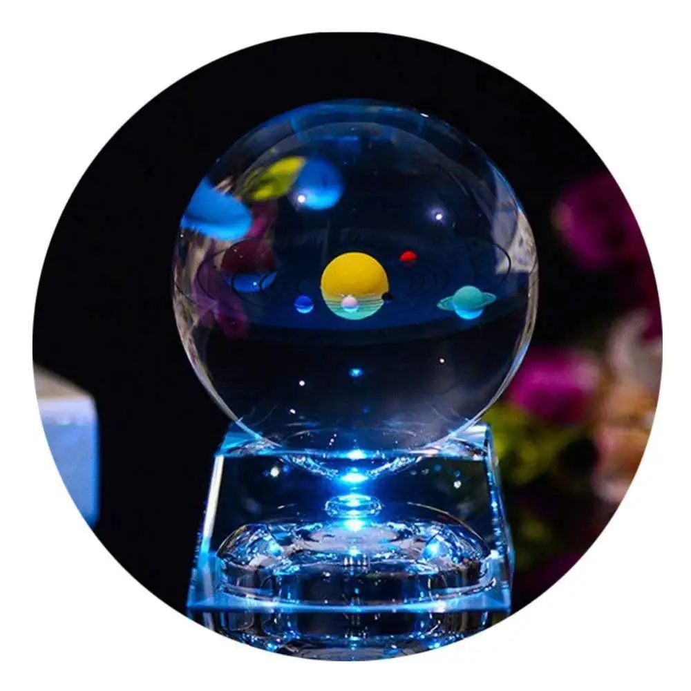 

80 мм 3D Хрустальный шар с солнечной системой со светодиодной осветительной базой, миниатюрные стеклянные шарики, украшение для дома