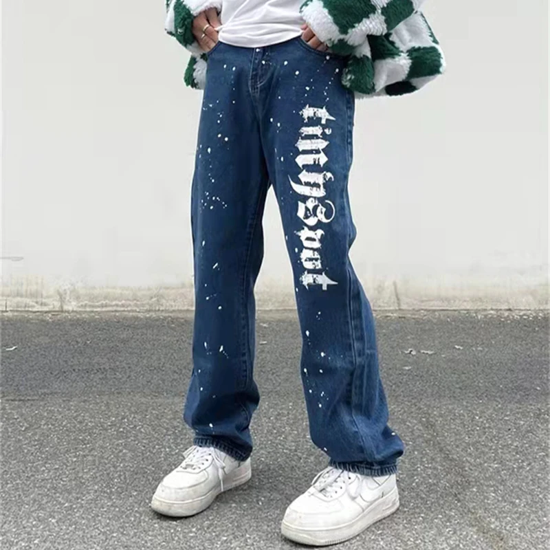 

High Street Ink Painted Letter Washed Retro Straight Jeans Pants Mens and Womens Hip Hop Loose Oversized Casual Denim Trousers