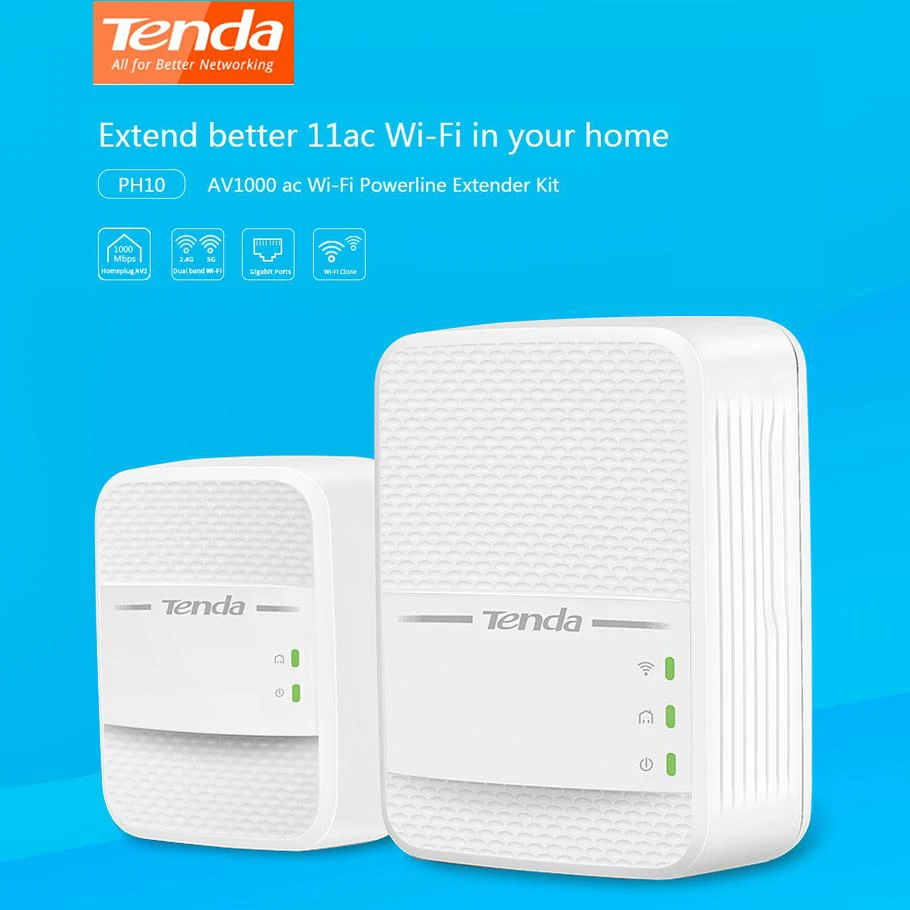 

Tenda PH10 AV1000 Powerline Wireless WiFi Extender Kit Dual Band 2.4G/ 5G AC Gigabit Port Plug and Play PA7+P3 CN Version