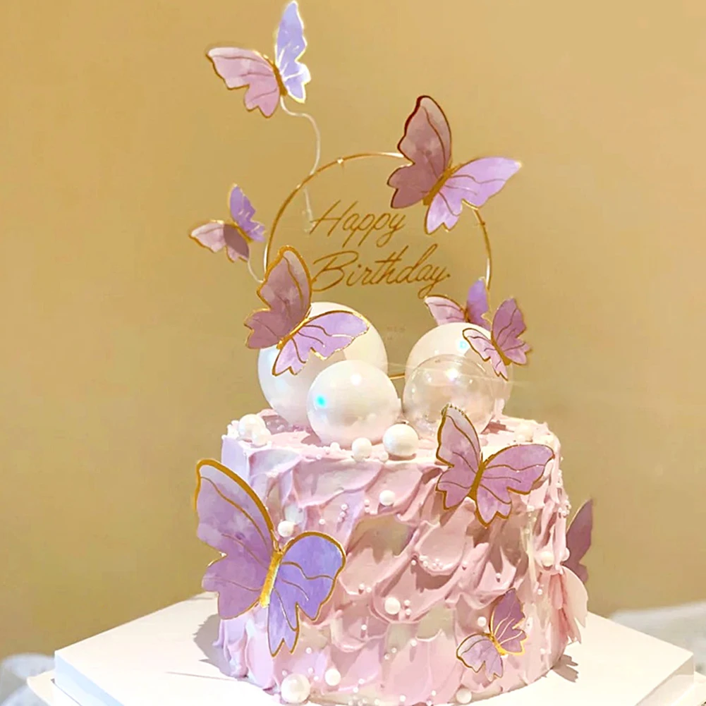 

Purple Pink Butterfly Cake Decoration Happy Birthday Cake Topper Handmade Painted For Wedding Birthday Party Baby Shower