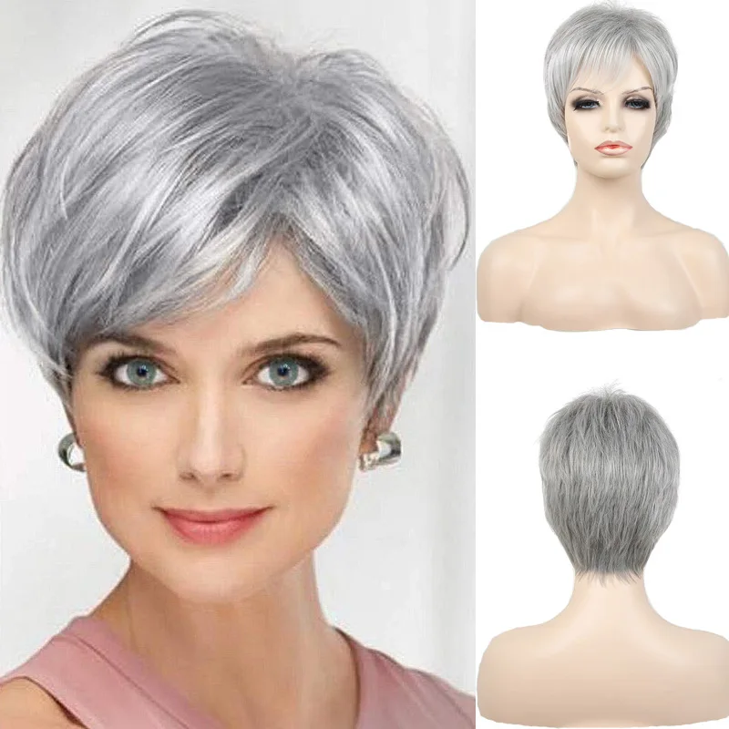 Модные Короткие Серые косые челки парики из химического волокна