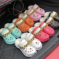 2022 fall winter women slippers casual warm female thick holes shoes fluffy platform clogs cute metal chain lady fur slides 8178